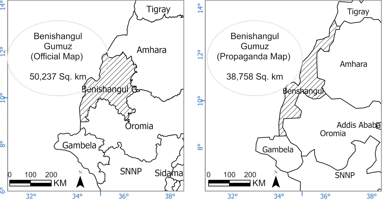 Two black and white maps side by side, a region shaded in that is different in the two maps
