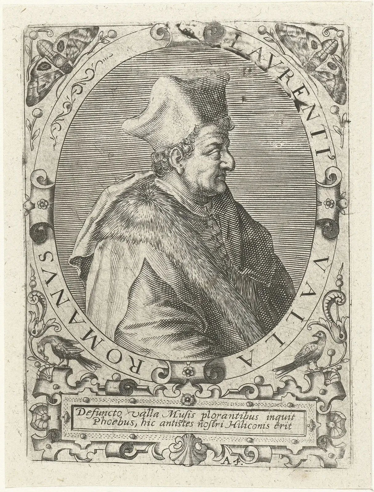 A black-and-white drawing of a man in heavy robes and a tall hat.