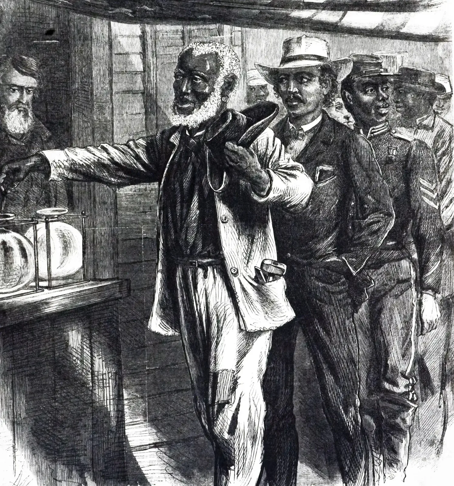engraving of Black men in line to vote at a polling place in 1867
