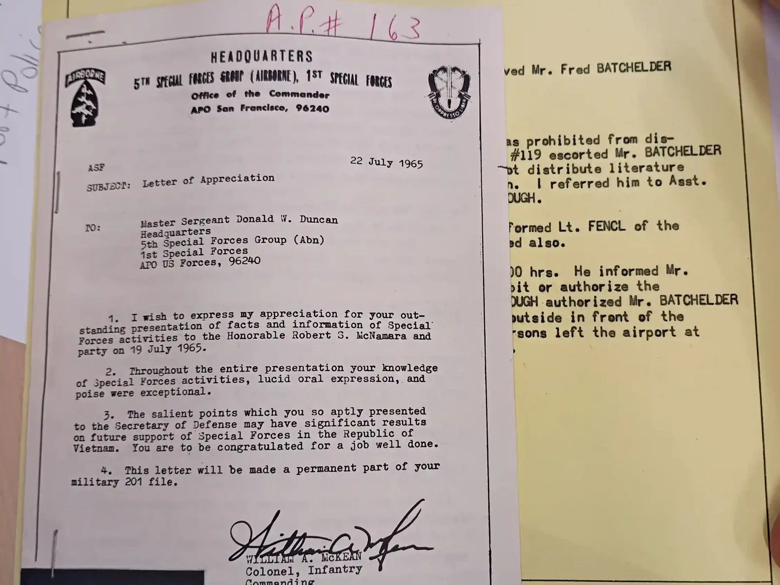 A yellow paper with typewritten notes and a white paper that says 'Master Sgt. Duncan Tells the Truth' attached on top