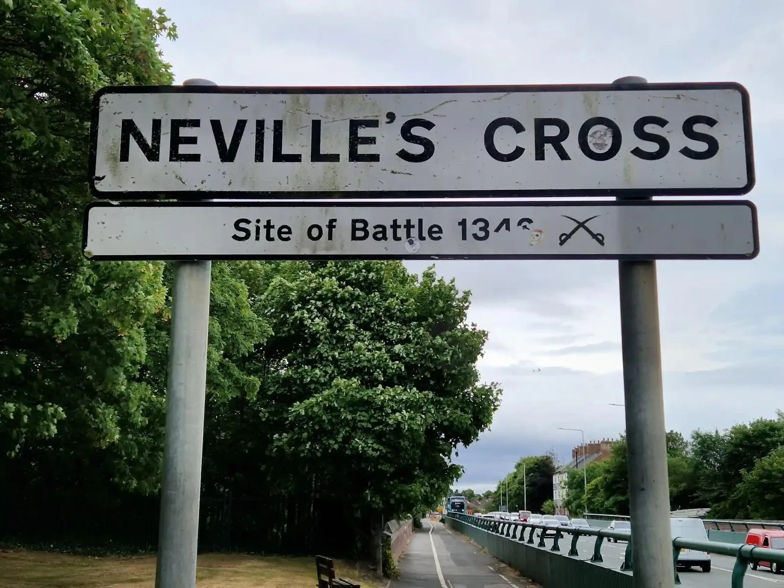 A street sign showing the historical significance of Neville’s Cross on the A167.
