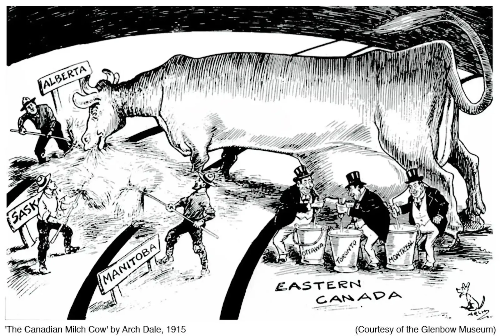 A black and white cartoon of a cow being milked across a map of Canada.