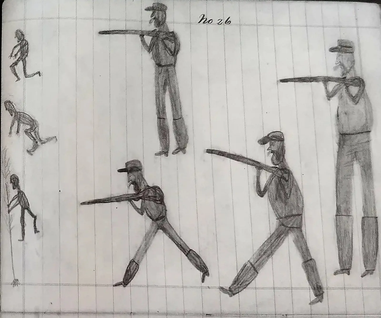 Childish drawing of men with guns chasing children