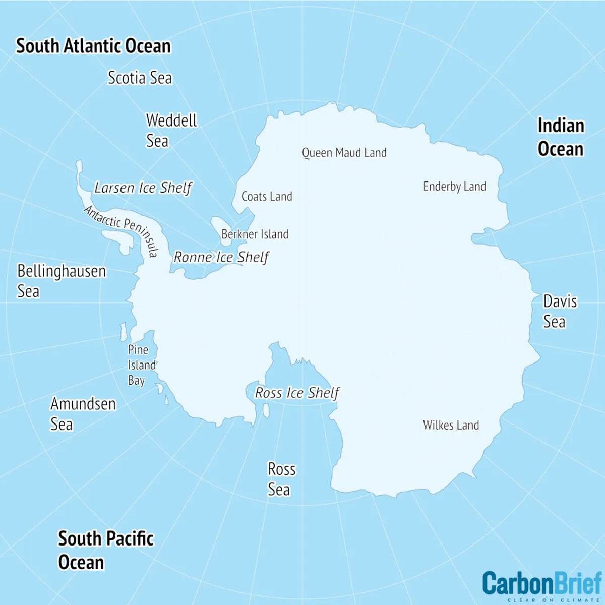 Map showing the main regions of the Antarctic.