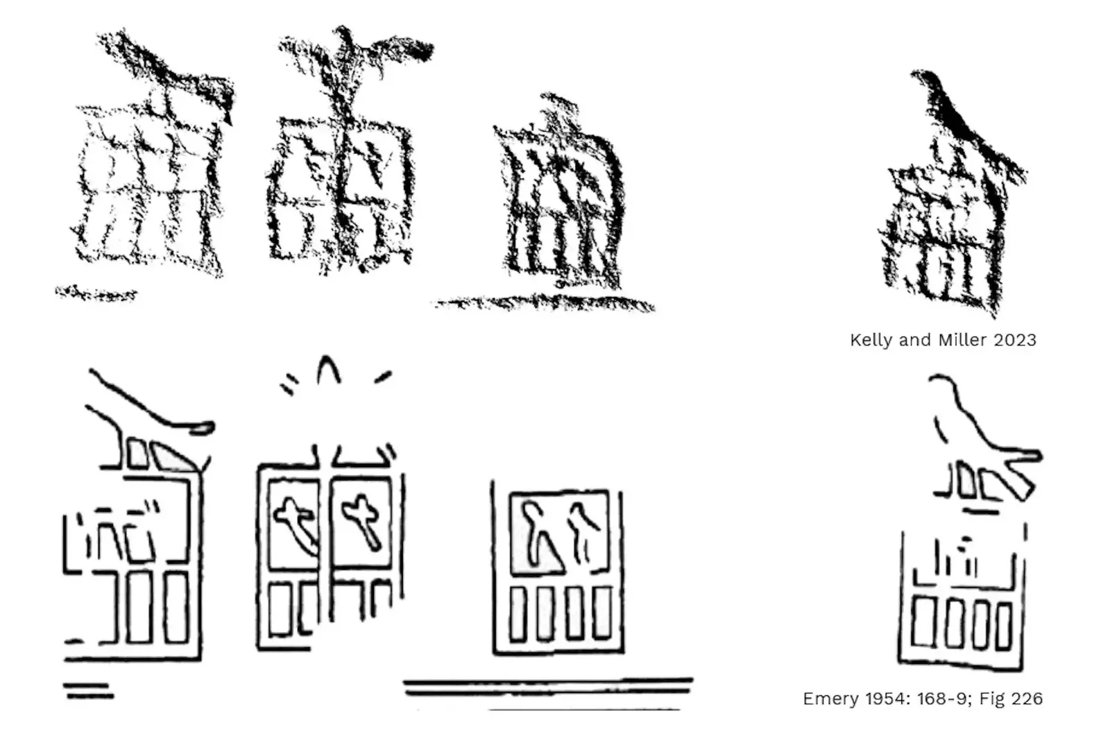 A row of four hieroglyphs, the top row isolated from the photo and the bottom row a drawing from 1954.