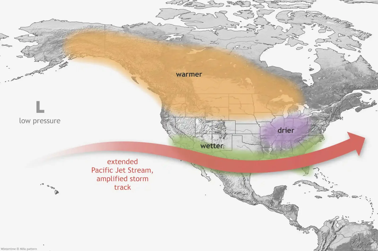 A map of the US shows rainier conditions in the South, warmth in Canada and the northern U.S., and dryness in the Midwest.
