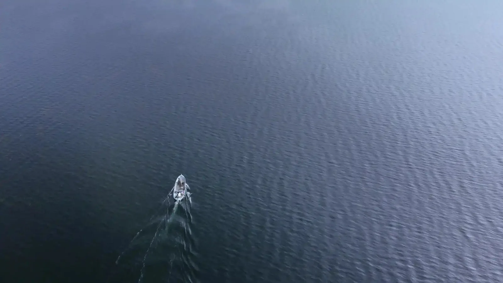 A small boat in a large expanse of water.