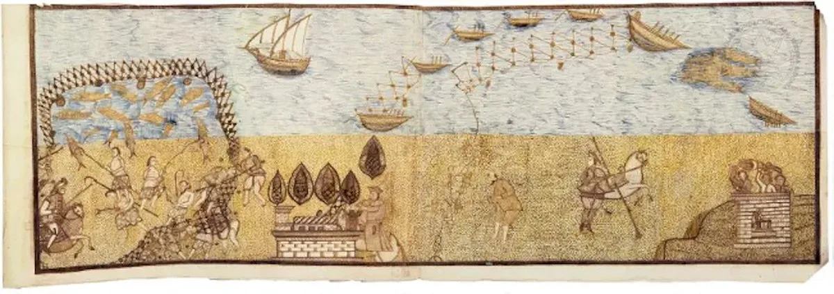 Scene with water on the top, land on the bottom, with people pulling nets that are penning in fish closer to land