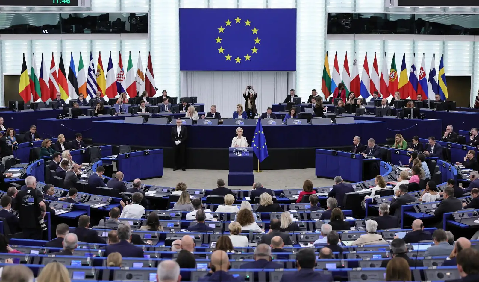 Ursula von der Leyen speaks during a debate at the European Parliament in Strasbourg.