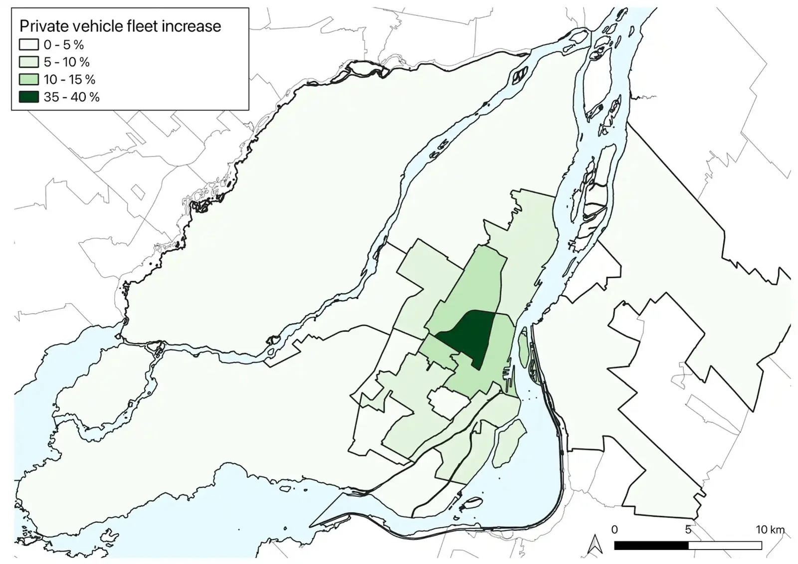 Map showing the areas of Montréal where people would be most likely to buy a car if Communauto were to disappear