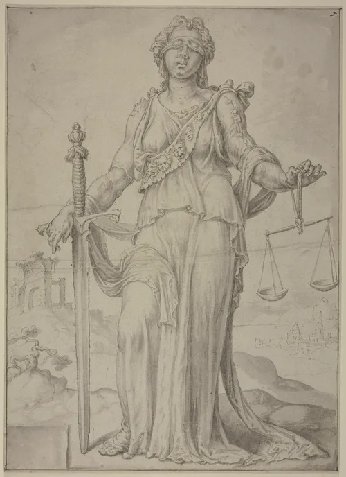 ‘’Justitia’’, Maarten van Heemskerk tarafından, 1556. ‘’Justitia’’ genelde sembolik öğeler taşır: bir kılıç, terazi ve gözbağı [1]