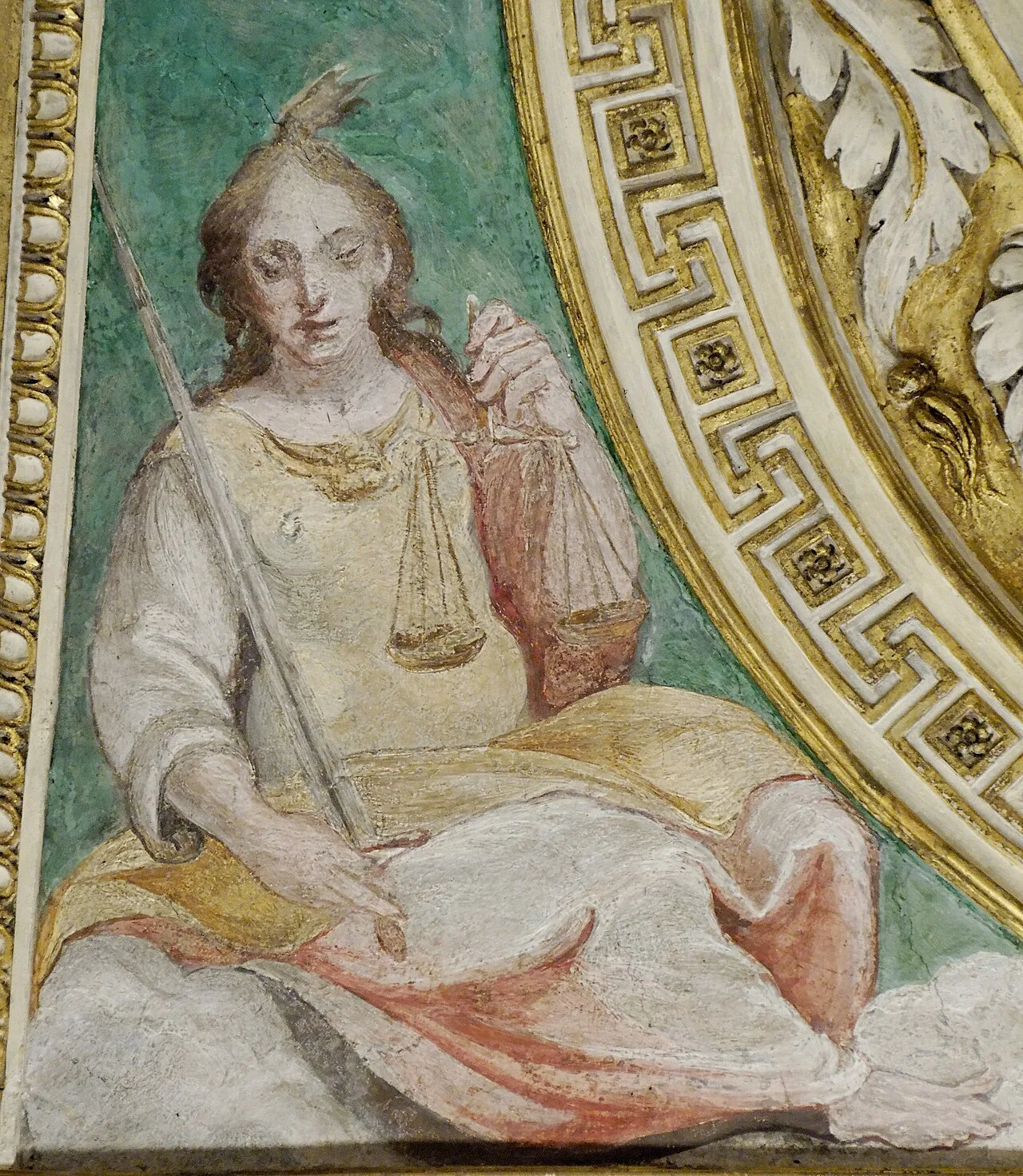 Adalet, dört temel erdemin bir tanesi, Vitruvio Alberi tarafından, 1589–1590. Fresk, odanın köşesi, studiolo of the Madonna of Mercy, Altemps Plazası, Roma