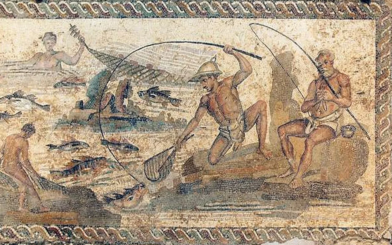 Angling in the 1st century CE. Villa of the Nile Mosaic, Lepcis Magna, Tripoli National Museum.