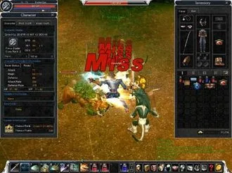 A low-leveled Force Blader using magic to fight monsters in Cabal Online. The character and inventory dialog screens are open.