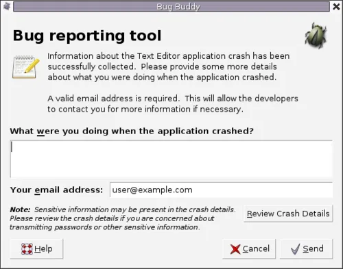 GNOME 2.16 işletim sisteminde çalışan Bug Buddy çökme raporlama aracı