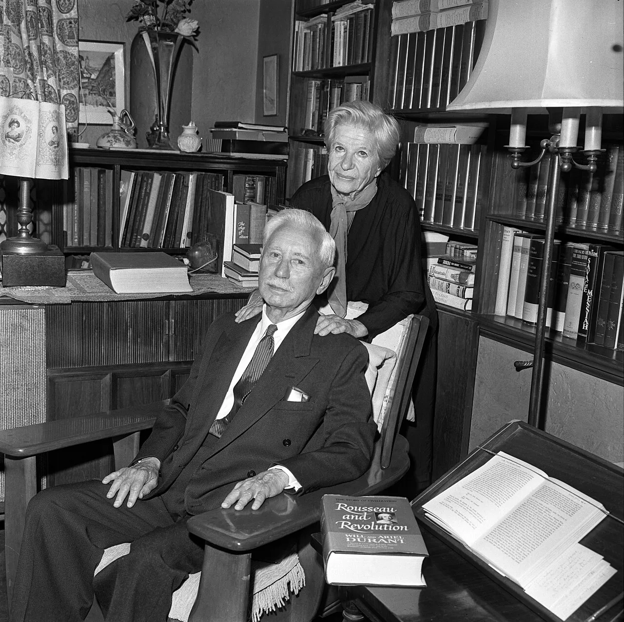 Ariel and Will Durant in the library of their home in Los Angeles, 1967