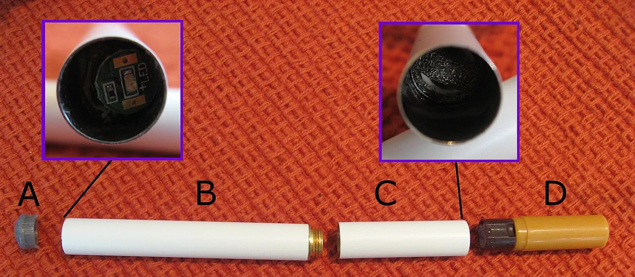 Disassembled parts of a first-generation e-cigarette:A. LED light coverB. battery (also houses circuitry)C. atomizer (heating element)D. cartridge (mouthpiece)