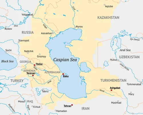 Hazar Denizi çevresindeki alan. Sarı alan (yaklaşık) drenaj alanını gösterir.
