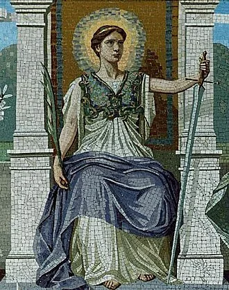 A mosaic representing both the judicial and legislative aspects of law. The woman on the throne holds a sword to chastise the guilty and a palm branch to reward the meritorious. Glory surrounds her head and the aegis of Minerva signifies the armor of righteousness and wisdom.[1]