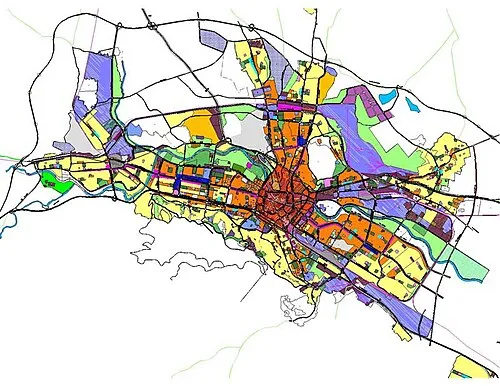 The Zoning Scheme of the General Spatial Plan for the City of Skopje, North Macedonia. Different urban zoning areas are represented by different colours.