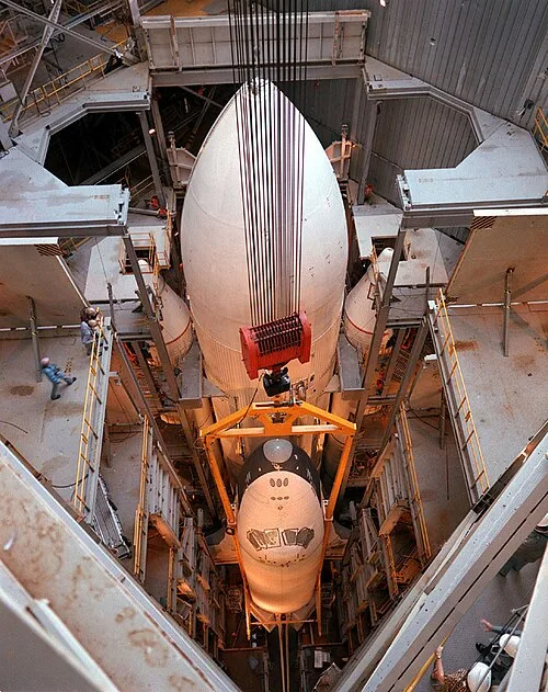 The prototype Space Shuttle orbiter Enterprise in full boilerplate stack configuration with External Tank and SRBs ready to undergo vibration testing at the Marshall Space Flight Center, October 4, 1978