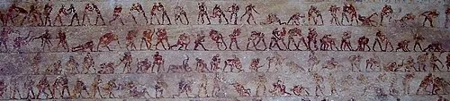 Detail of Ancient Egyptian wrestling scenes in tomb 15 (Baqet III) at Beni Hasan, c. 20th century BC