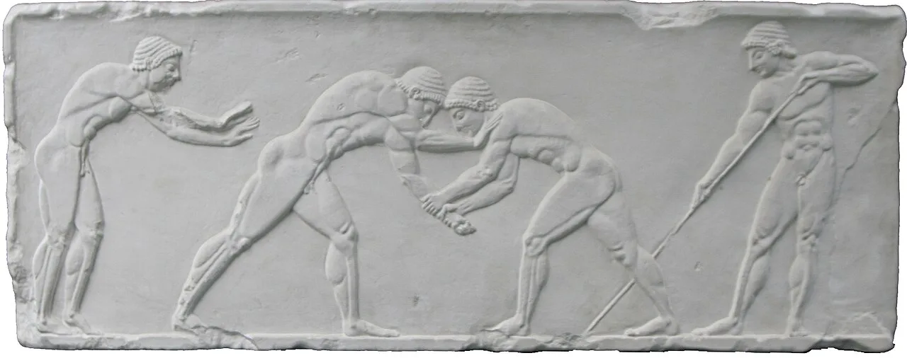 Wrestlers shown in the center on an Ancient Greek relief of the pentathlon, c. 500 BC