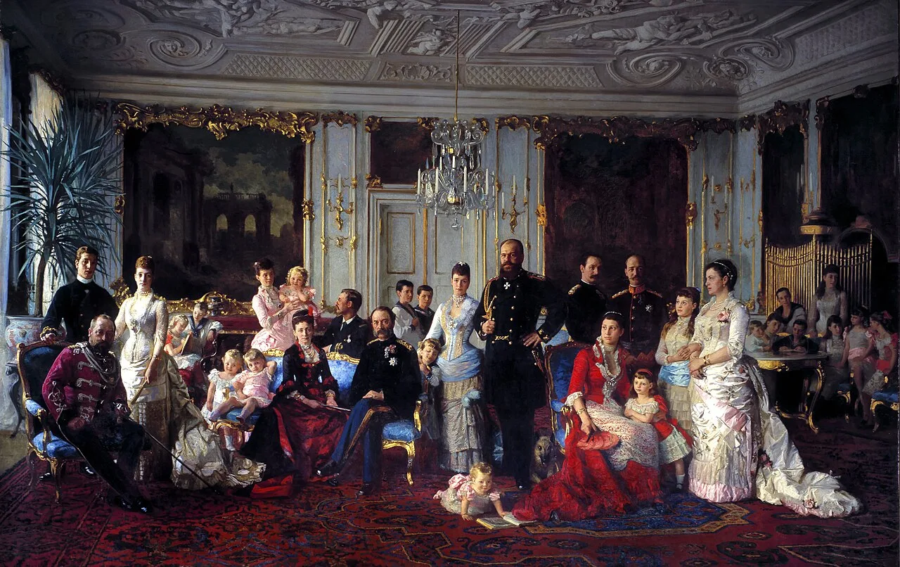 King Christian IX with his large family gathered at Fredensborg Palace, painting by Laurits Tuxen from 1883 to 1886
