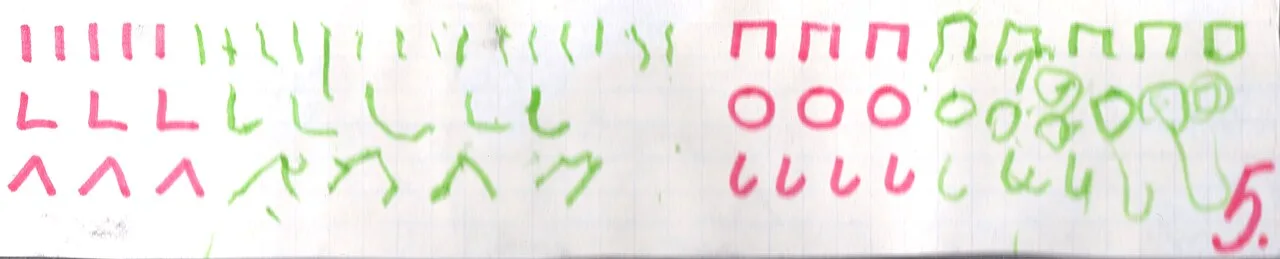A test written by a four-year-old child in 1972, in the former Soviet Union. The lines are not ideal, but the teacher (all red writing) gave the best grade (5) anyway.