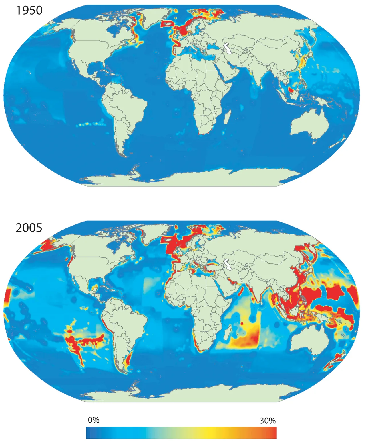 Primary production required (PPR) to sustain global marine fisheries landings expressed as percentage of local primary production (PP). The maps represent total annual landings for 1950 (top) and 2005 (bottom). Note that PP estimates are static and derived from the synoptic observation for 1998.[1]