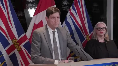 Premier David Eby and Minister of Public Safety and Solicitor General Nina Krieger at a press conference the day of the shooting